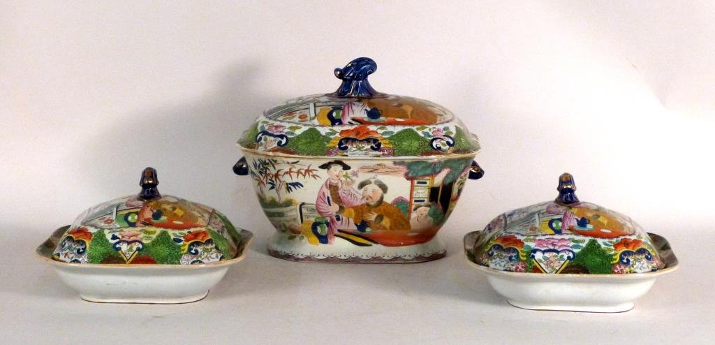 3 Mason's Ironstone China Covered Tureens: Porcelain, decorated with famille rose enamels. Largest: 13 1/2" W X 10" W X 10 1/2" H. Repairs to lid of largest. (From an East Side Townhouse)