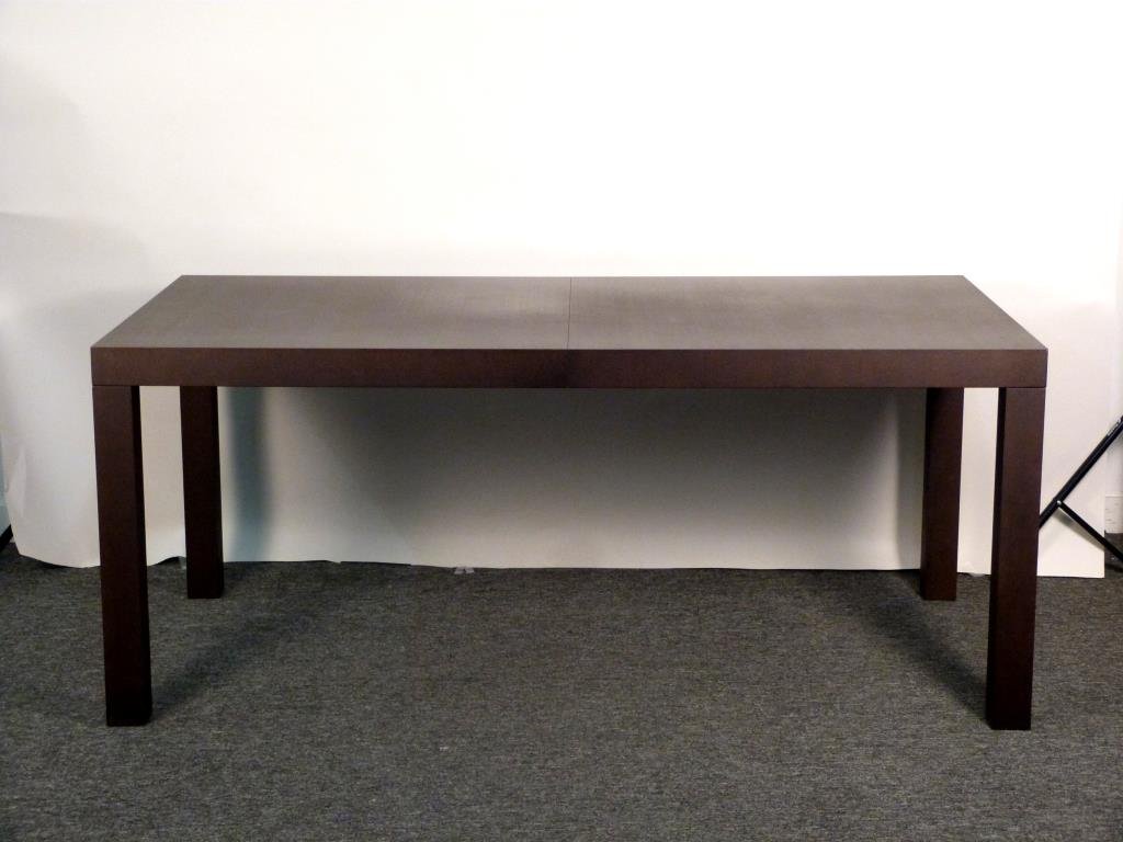 Parson Style Dining Table: Dark brown, 1 leaf. 71" W X 35 1/2" X 30" H (leaf: 20" W). (From an East Side Townhouse)