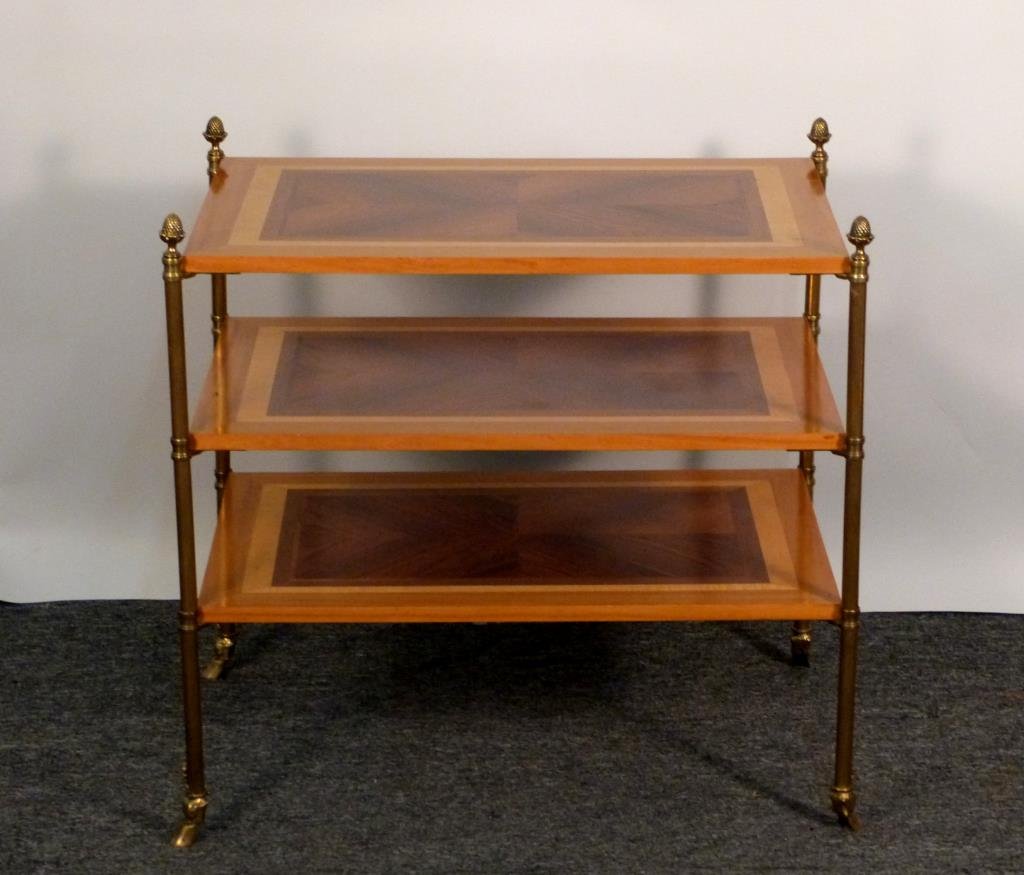 Regency Style 3 Tier Serving Table: Mixed wood, with brass posts, pineapple finials, and hoof feet. 30" W X 18 1/2" D X 29" H. (From an East Side Townhouse)