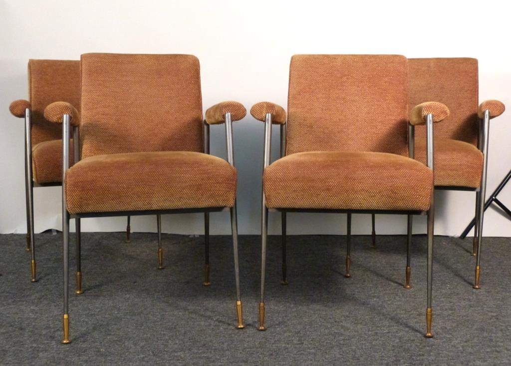 Set of 4 Upholstered Arm Chairs: Steel and brass frames, tan/brown upholstery with rolled and padded arm rests. 24" W X 24" D X 33" H. Some wear to frames. (From an East Side Townhouse)