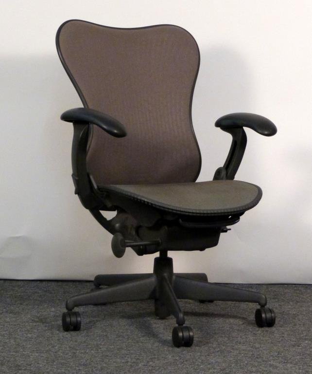 Herman Miller Aeron Chair: Brown/grey mesh back, green/grey. 28 1/2" W X 26" D. Snag to seat mesh. (From an East Side Townhouse)