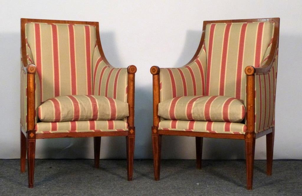 Pair of Sheraton Style Club Chairs: Marquetry and line inlaid wood frames, upholstered bodies. 25" W X 26" D X 38" H. Upholstery as is. (From an East Side Townhouse)