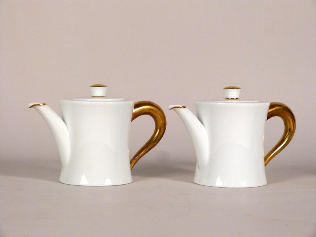 2 Limoges Bernardaud Tea Pots: Porcelain, with gilt handles gilt lines spouts. 5" H. (From an East Side Townhouse)