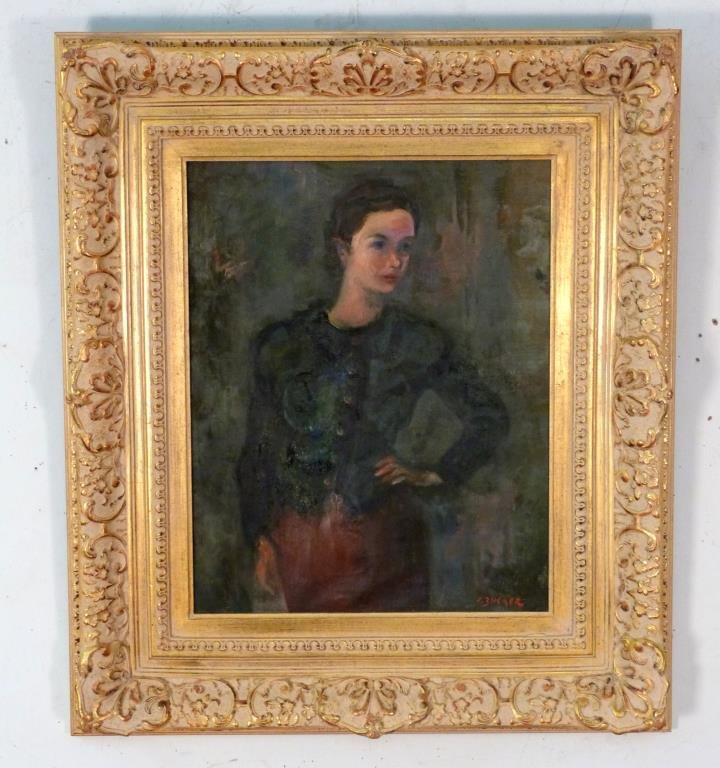 Jacques Zucker (Polish/American, 1900 - 1981) Oil: Study of a woman in green blouse, signed lower right, oil on canvas. 19 1/2" H X 15" W (30" X 26"). Comes with monograph on the artist's works.