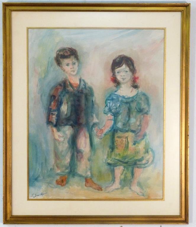 Jacques Zucker (Polish/American, 1900 - 1981) WC: Study of 2 children, signed lower left, watercolor on paper, framed behind museum glass. 20" H X 15 1/2" W (25 1/2" X 21 1/2"). Come with monograph on the artist's work.