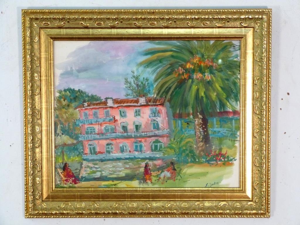 Jacques Zucker (Polish/American, 1900 - 1981): Tropical scene, singed lower right, gouache on paper. 16" H X 20" W (22" X 26").