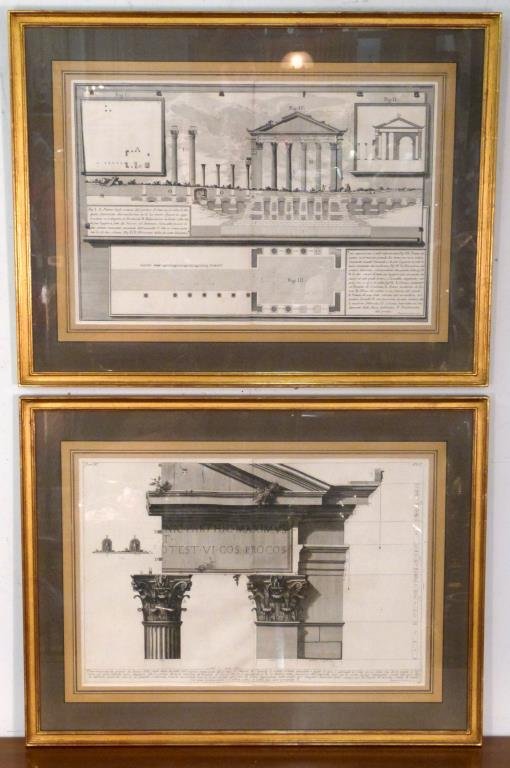 2 After Piranesi Architectural Etchings: Illustrating classical columns. Later Re-Strikes. Both: 16" H X 23 1/2" W (24 1/2" X 31 1/2"). Book folds evident.
