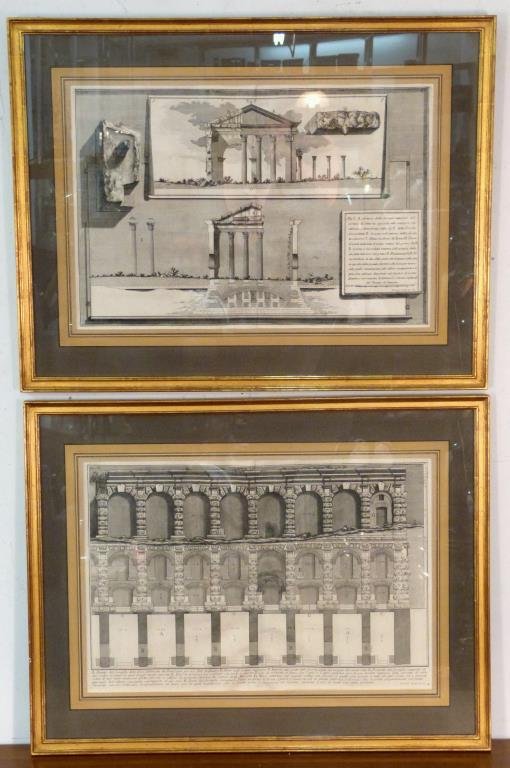 2 After Piranesi Architectural Etchings: Columns and arcade. Later Re-Strikes. Both: 16" H X 23 1/2" W (24 1/2" X 31 1/2"). Book folds evident.