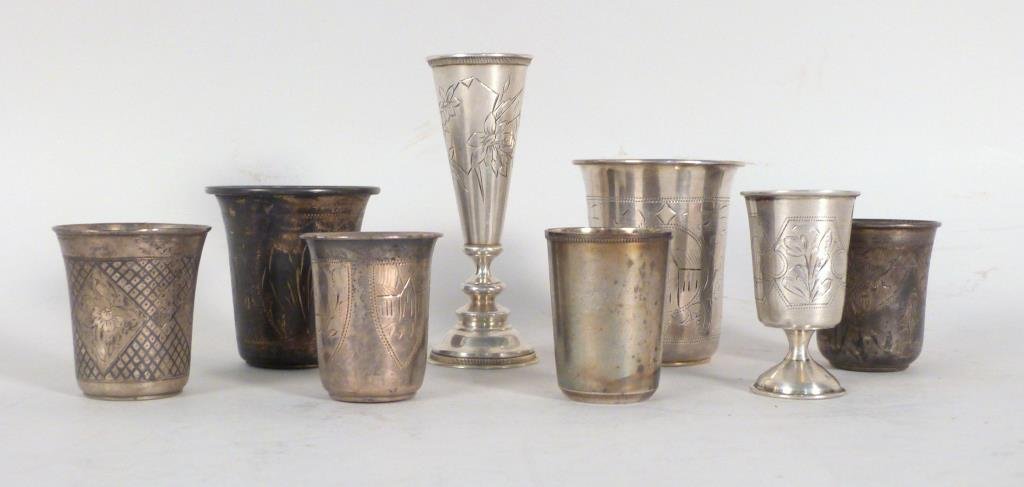 8 Russian and Russian Style Silver Cups: 8 inscribed. 8.3 troy oz Tallest: 4 /4" H.