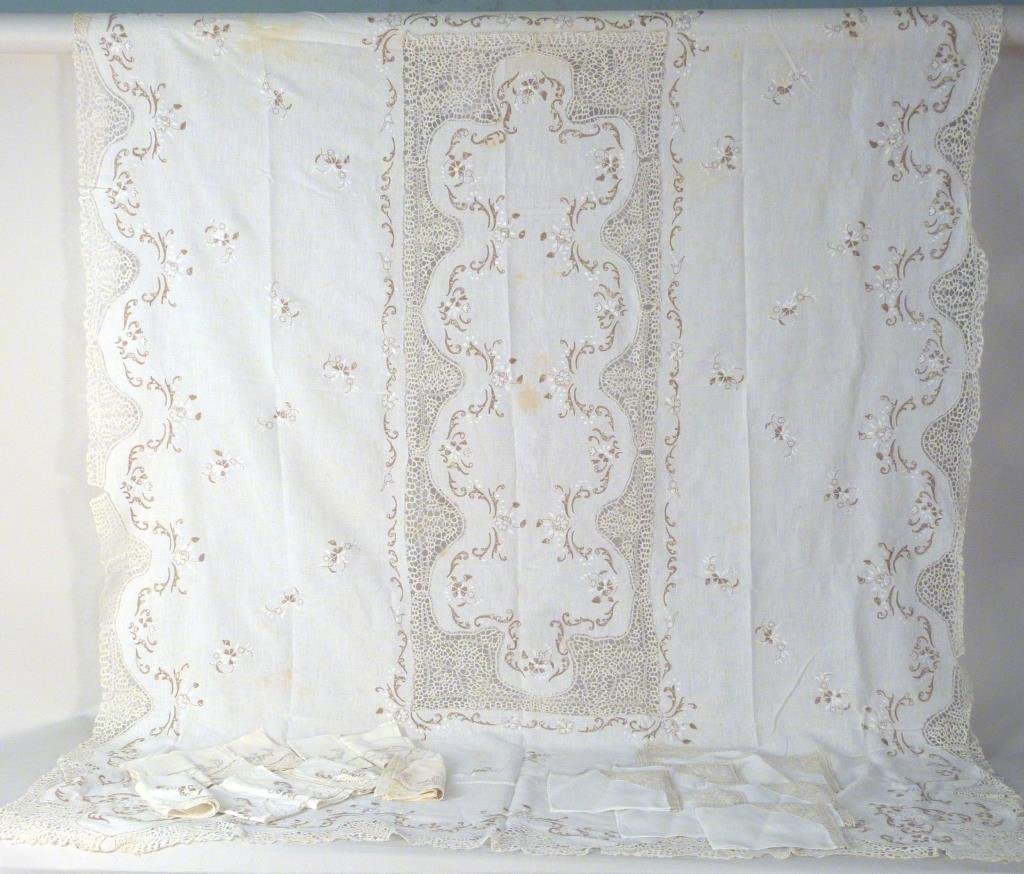 Lace Table Runner & Napkins: White and brown lace, some napkins match runner. Some staining.