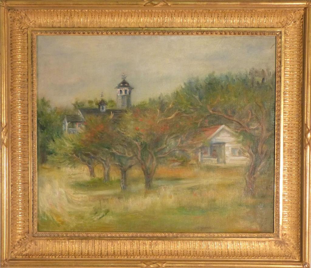 Jacques Zucker (Polish/American, 1900 - 1981) Oil: House with turret, signed lower right, oil on canvas. 19 1/2" H X 23 1/2" W (26" X 30 1/2"). Possible restoration lower right.