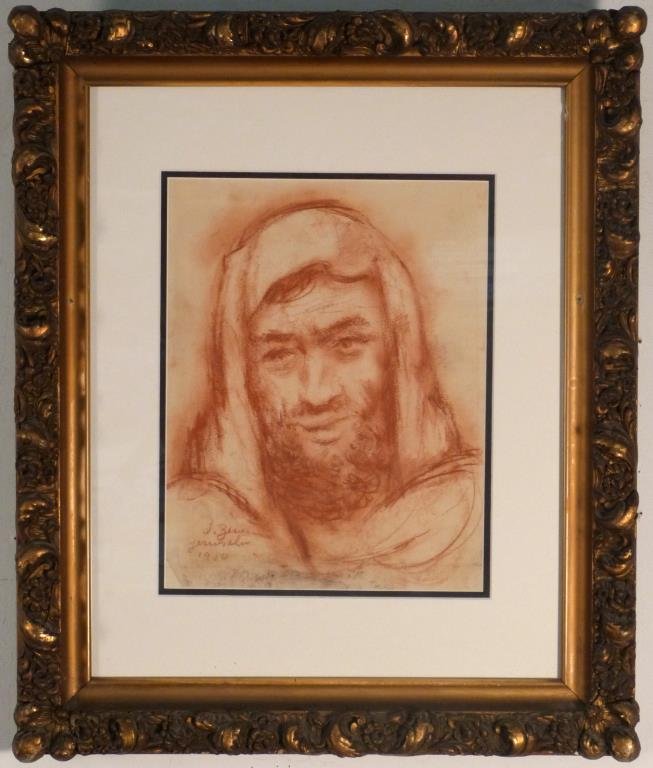 Jacques Zucker (Polish/American, 1900 - 1981): Study of a bearded man, signed lower left, red chalk and pastel on paper. 14" H X 11" W (24 1/2" X 21"). Sheet with lower left corner trimmed.