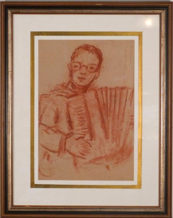 Jacques Zucker (Polish/American, 1900 - 1981): Study of boy with accordion, signed lower right, rd chalk and pastel on paper. 16" H X 11" W (24 1/2" X 19 1/2"). Horizontal crease to sheet.