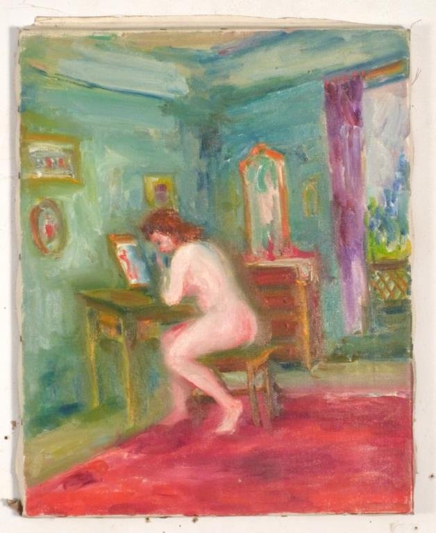Jacques Zucker (Polish/American, 1900 - 1981) Oil: Study of a nude at dressing table, unsigned, oil on canvas. 16" H X 13" W.