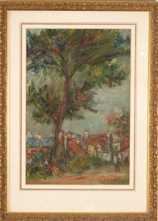 Jacques Zucker (Polish/American, 1900 - 1981) Oil: Landscape, signed lower right, framed behind glass. 15" H X 10" W (21 1/2"X 15 1/2").