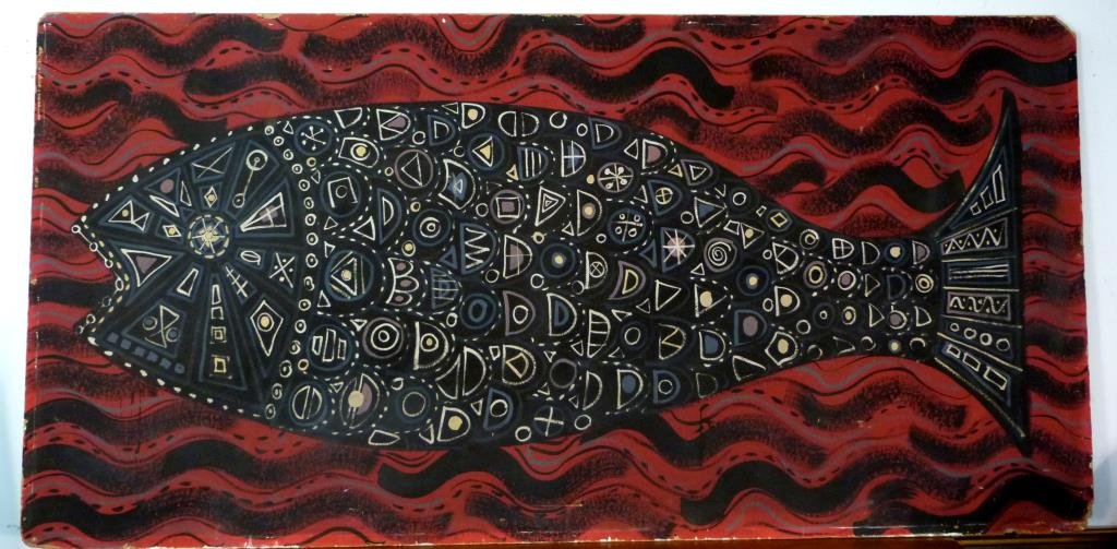 Aboriginal Style Large Painting of a Fish: Circa 1950, oil on fiberboard. 46" X 96".