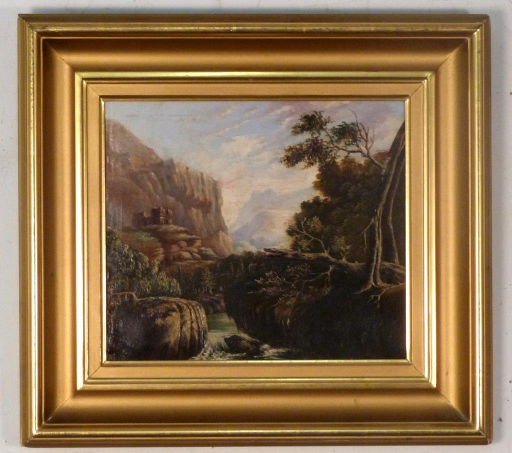 After Thomas Cole - Oil on Canvas: Riverscape with ruin and mountains in distance. 12" X 14" (20 1/2" X 22").