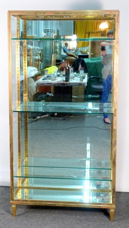 Vitrine Brot French Brass Display Cabinet: Single pane door, squared and tapered legs, mirror backs, with key. 351/2" X 14" D X 69" H.