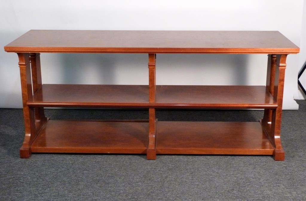 Biedermeier Style 3 Tier Server: Burled wood, banded top, side and center supports. 75" W X 26" D X 31" H.
