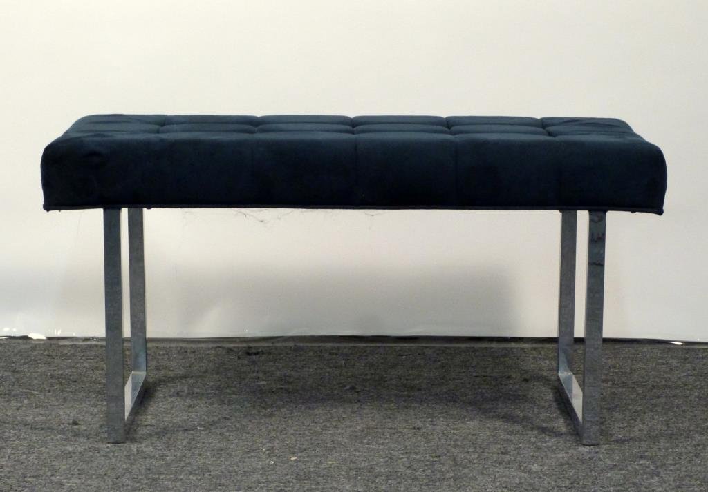 Milo Baughman Style Bench: Tufted faux suede seat, square tube legs. 37" W X 19" D X 18" H. Upholstery as is.