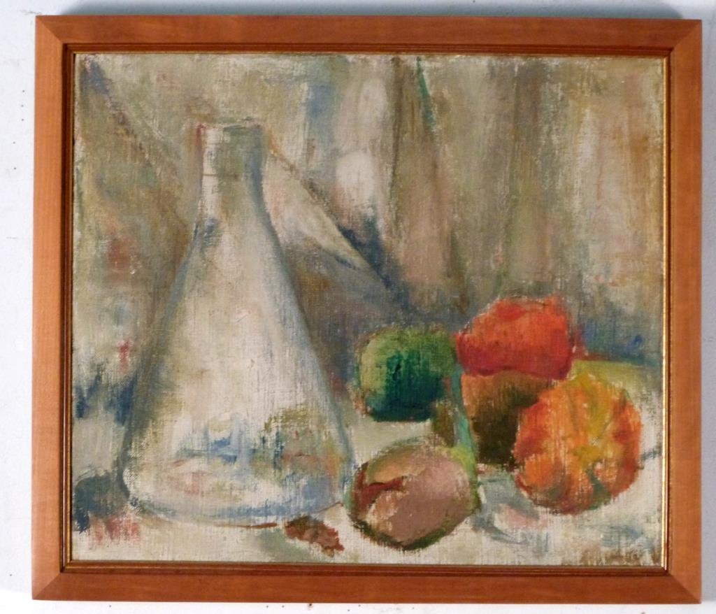 Marietta Eighme - Oil on Canvas: Still life with beaker and apples, artist identified on back. 14" H X 16" W (16" X 18 1/4"). Small buckle to canvas. (From a 45 Sutton Place South Former Jewelry Designer)