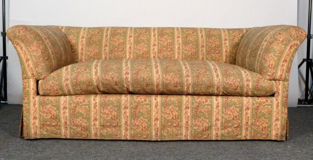 Contemporary Upholstered Wing Arm Sofa: Everted sides, feather cushion, striped floral upholstery. 72" W X 36" D X 29" H. (From an East Side Townhouse)