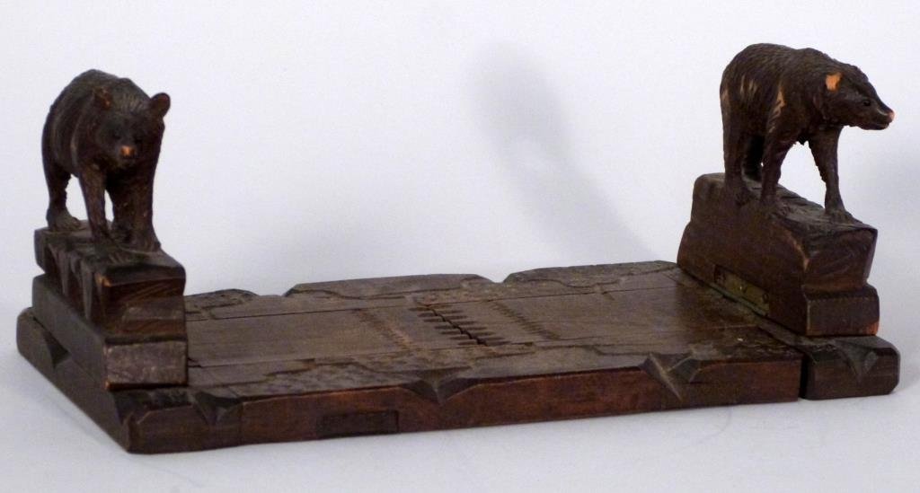 Black Forest Carved Wood Book Holder: Depicting bears on rough ground. Closed: 10" W; open 12" W; 4 1/2" H.