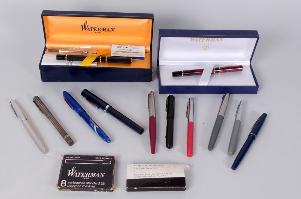 12 Assorted Pens: Fountain, ball point, and felt tip; brands including Waterman.