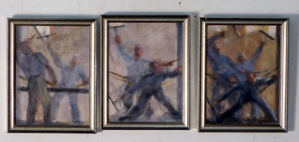 3 Signed Kuzuma - Oils on Board: Studies of window washers, all signed and dated '97 lower right. Each: 9" H X 7" W.