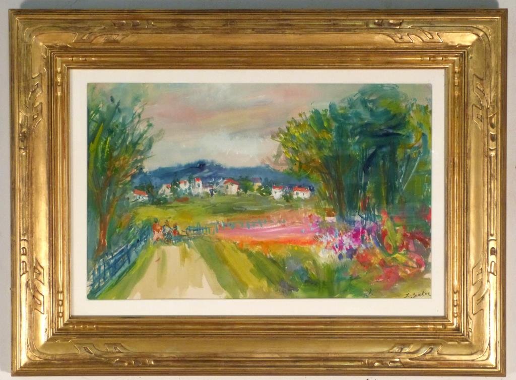 Jacques Zucker (Polish/American, 1900 - 1981) WC: Landscape with figures and houses, signed lower right, watercolor. 14" H X 21" W (23" X 31").