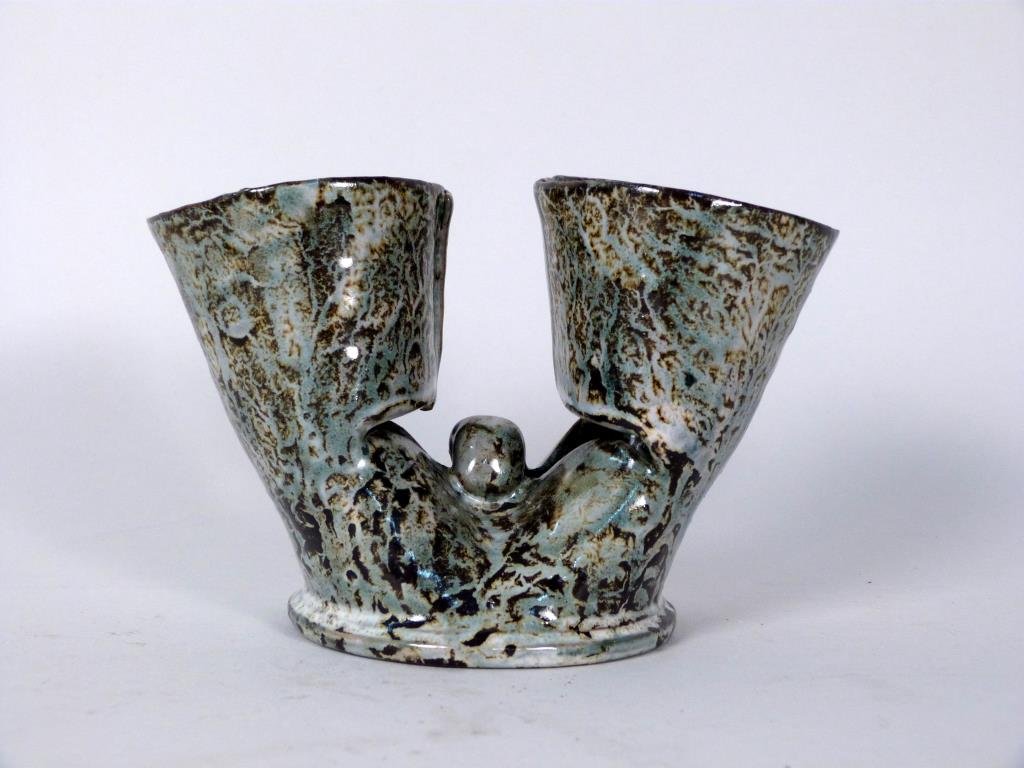 Accolay French Ceramic Double Vase: Slab construction, marbled green glaze. 3 3/4" H. Small chip to mouth.