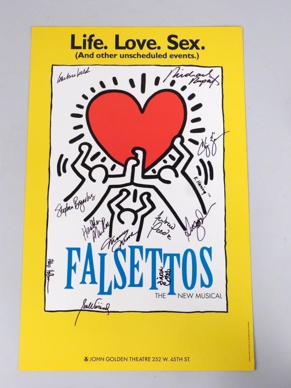 Keith Haring's Falsettos Play Lobby Card: Signed Haring in the plate, with cast signatures in marker. 22" H X 14" W.