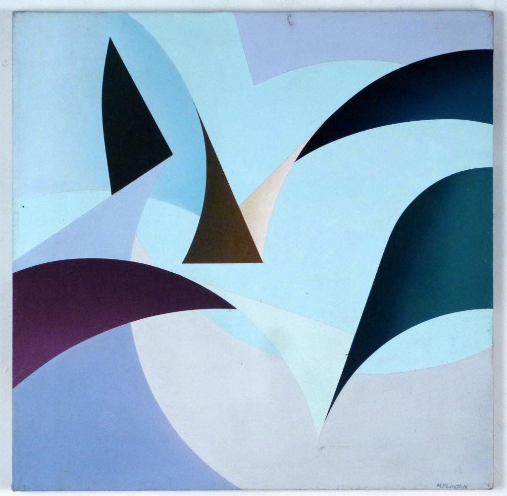 Signed M. Flinton - Oil on Canvas: Kinetic abstract shapes, signed lower right. 18" H X 18" W. Small abrasion to canvas. Small abrasion to canvas.