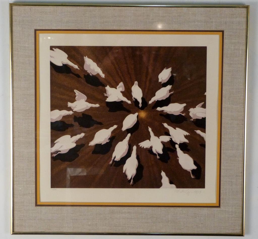 Victor Vasarely (Hungarian-French 1906-1997): Birds feeding, signed lower right, lithograph on paper, dated 1939, numbered 100/135.15 1/2" X 16 1/2" (25" X25"). Vasarely Center NY label on verso.