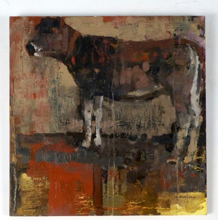 Brian K. Stephens - Mixed Media on Board: "Same as Before," study of a cow, signed lower right and on verso. 16" H X 16" W. (Madison Avenue NYC Estate)