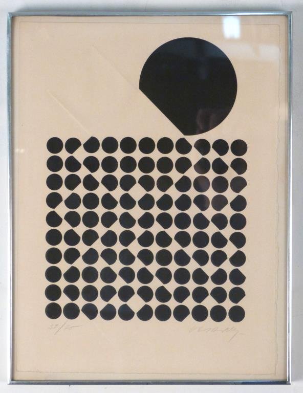 Victor Vasarely (French/Hungarian, 1906-1997): Interrupted field of black dots, serigraph on embossed paper, signed lower right, numbered 32/ 75. 15" H X 11" W (16" X 12"). Label on verso.