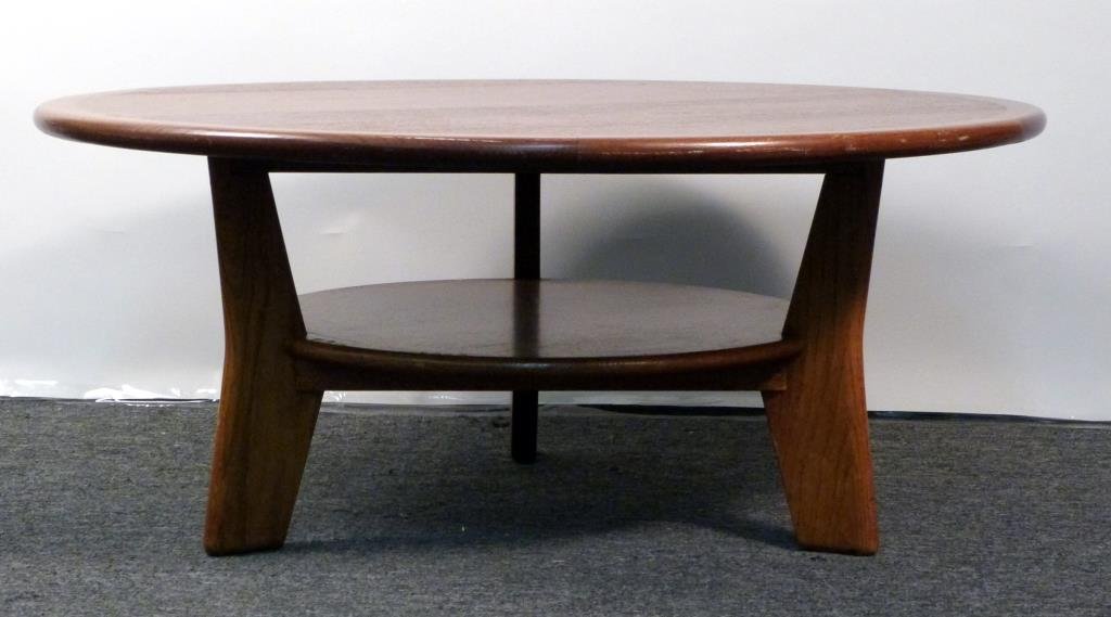 Mid-Century Modern Bas Van Pelt Round Coffee Table: Oak, 2 tiers, banded wood top, 3 wedge legs. 46 1/2" D X 20" H.