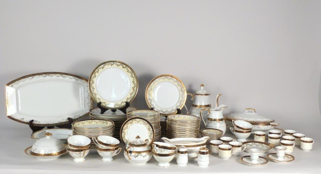 Large Bavarian Porcelain Dinner Service: Serving pieces, tea and demitasse cups, plates, bowls, coffee and creamer, etc. Largest tray: 17 1/2" L. (From a 45 Sutton Place South Former Jewelry Designer)