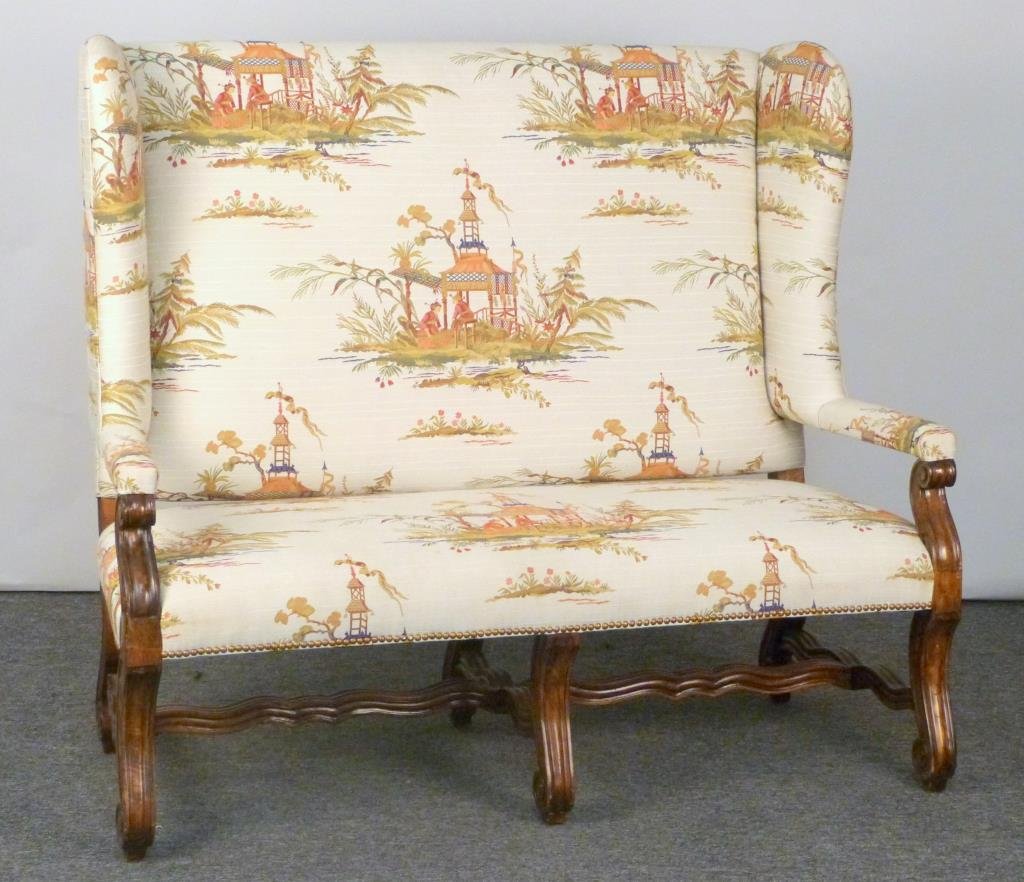 Ralph Lauren Chinoiserie Upholstered Settee: Carved wood frame with scroll terminals, open arms, wing sides. 56" W X 28" D X 49 1/2" H. Small stain to seat.