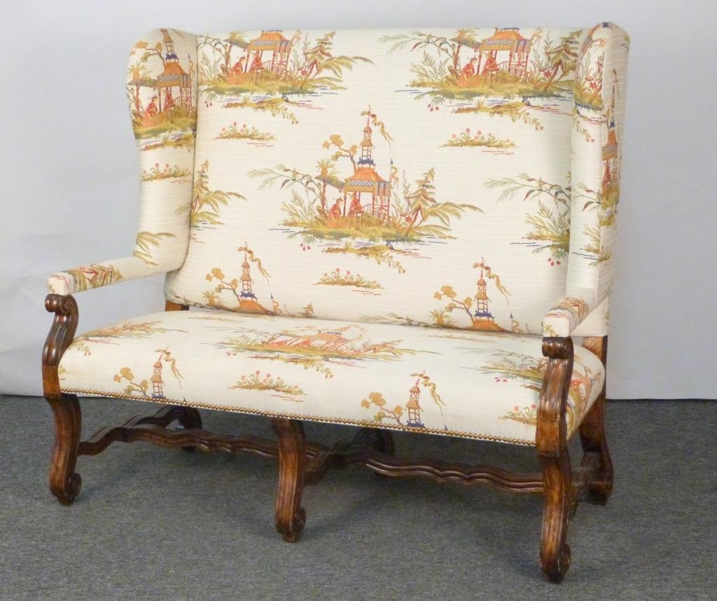 Ralph Lauren Chinoiserie Upholstered Settee: Carved wood frame with scroll terminals, open arms, wing sides. 56" W X 28" D X 49 1/2" H.