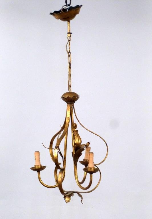 Gilt Metal Hanging Fixture: 3 light, with leaf decoration and ceiling cap. 13" D X 17" H.