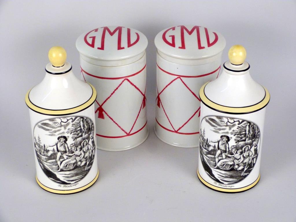 2 Pairs of Apothecary Decanters: Porcelain. Red and white by Limoges, yellow and white by Mottahedeh.
