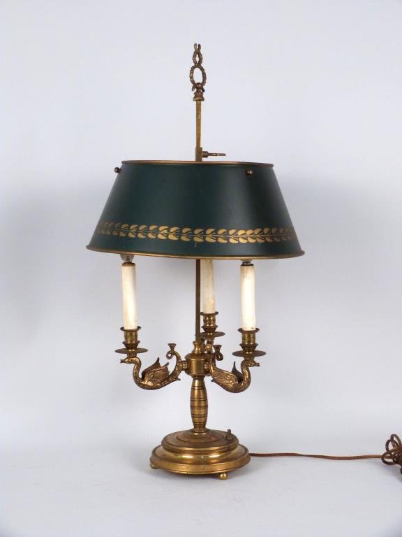 French Tole Shade Bouillotte Lamp: 3 lights, with swan arms. 26 1/2" H.