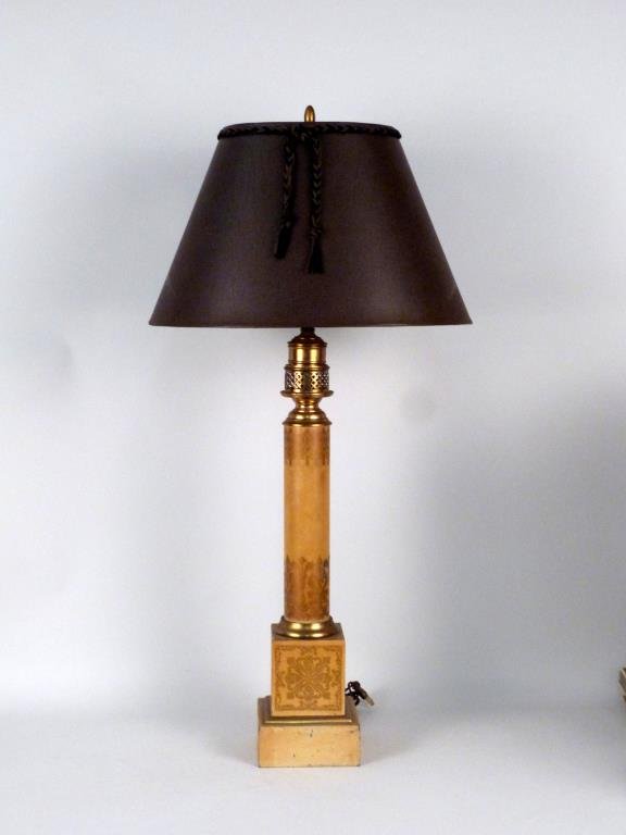 French Tole Column Lamp: Gilt painted ocher ground. 35" H. Some loss to paint.