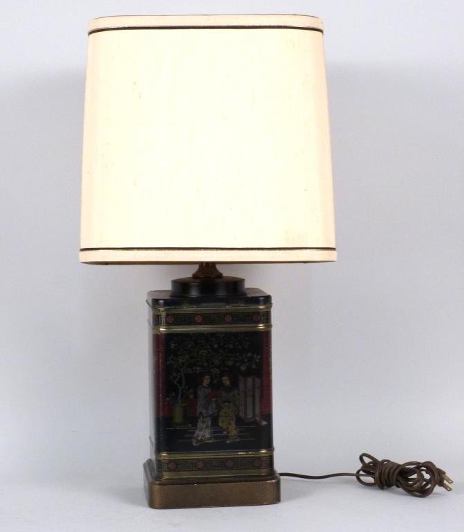 Tole Chinoiserie Tea Caddy Table Lamp: Black ground, with figures. 23" H.