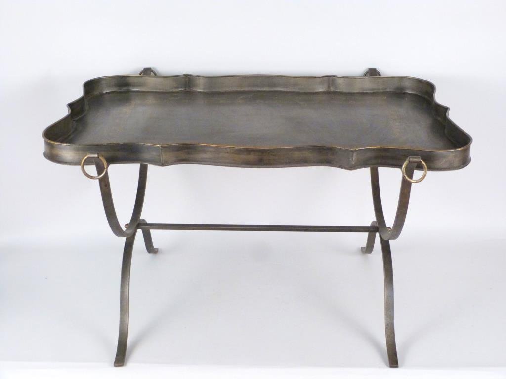 Italian Tole Tray Top Table: Tray with scalloped edges, metal X stand with ring decoration. Tray: 34 1/2" W X 22" D.