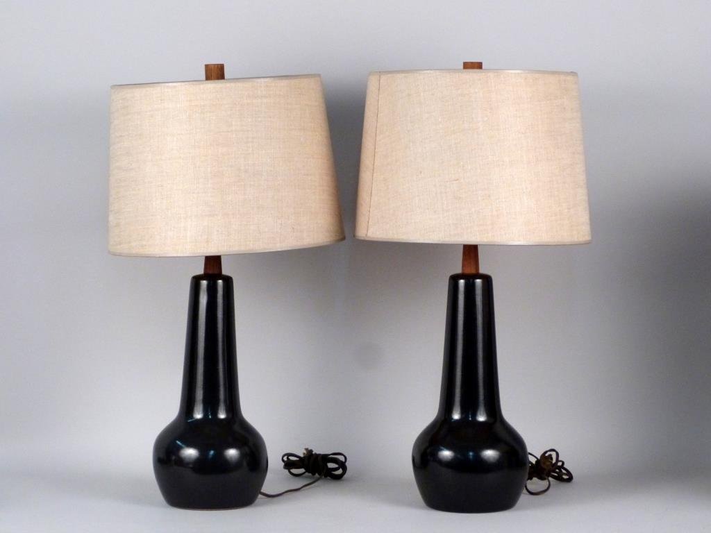 Pair of Marshal Studios / Martz Ceramic Lamps: Bulbous bases with tapered column, Original wood finials, signed. 28" H. Gordon Martz and Jane Martz Designs for Marshal Studios.