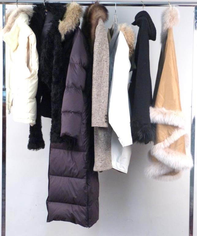 7 Fur Lined Coats & Shawls: 5 coats, 2 shawls, brands including Ralph Lauren and Donna Karen, various sizes and styles. Fur and Faux Fur.