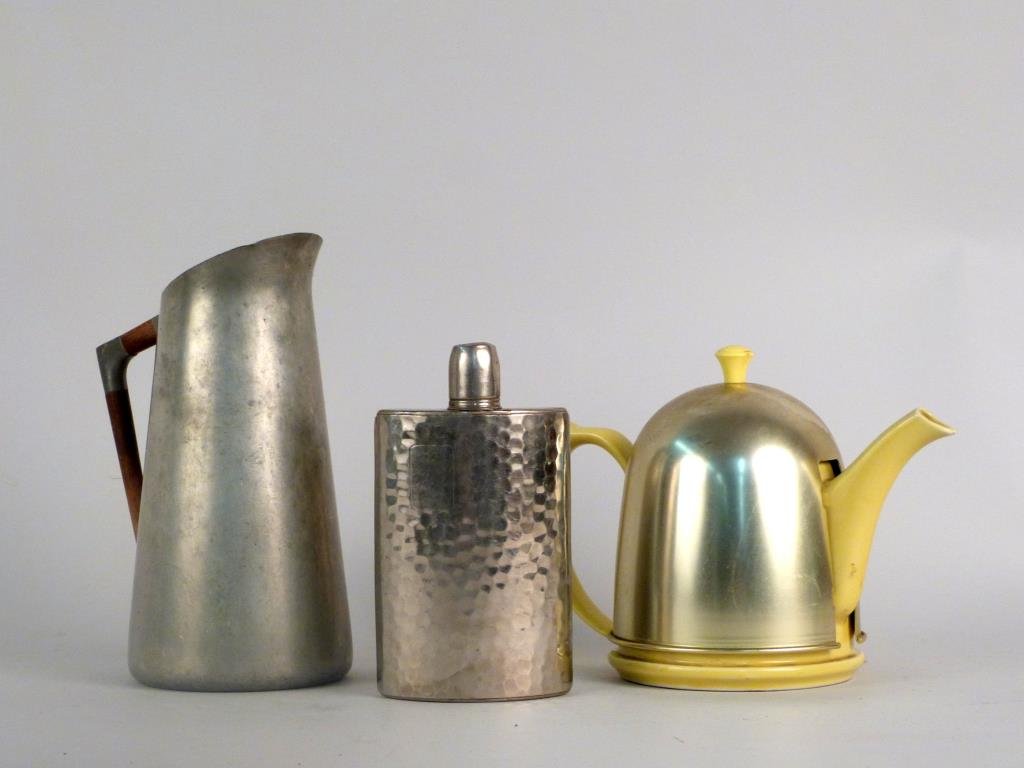 Water, Liquor & Tea Containers: Holland Pewter water pitcher, AHS German flask, and Hall porcelain tea pot with cozy.