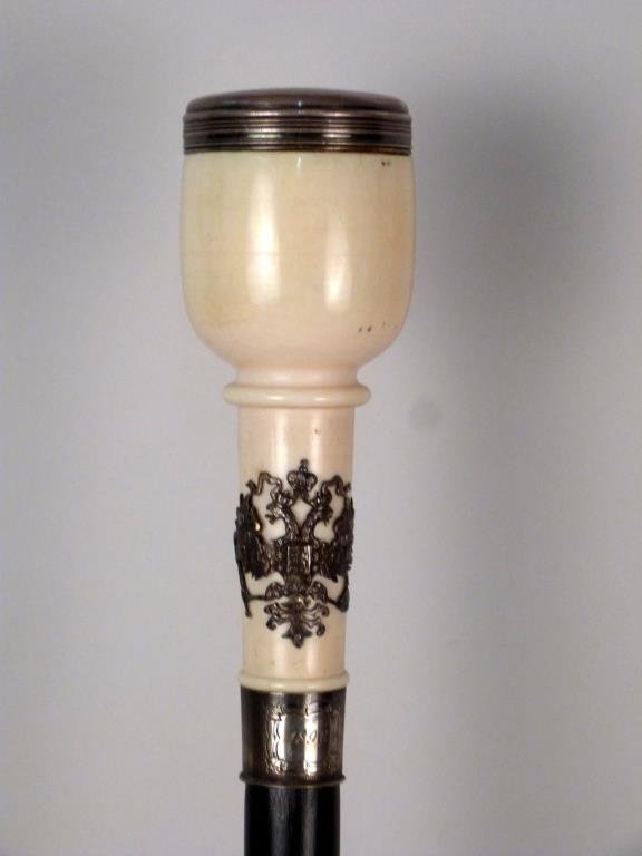 Russian Bone Snuff Box Cane: Applied silver mounts,hallmarked, inscribed with owners name and 1898. 36" H. Ebonized staff.